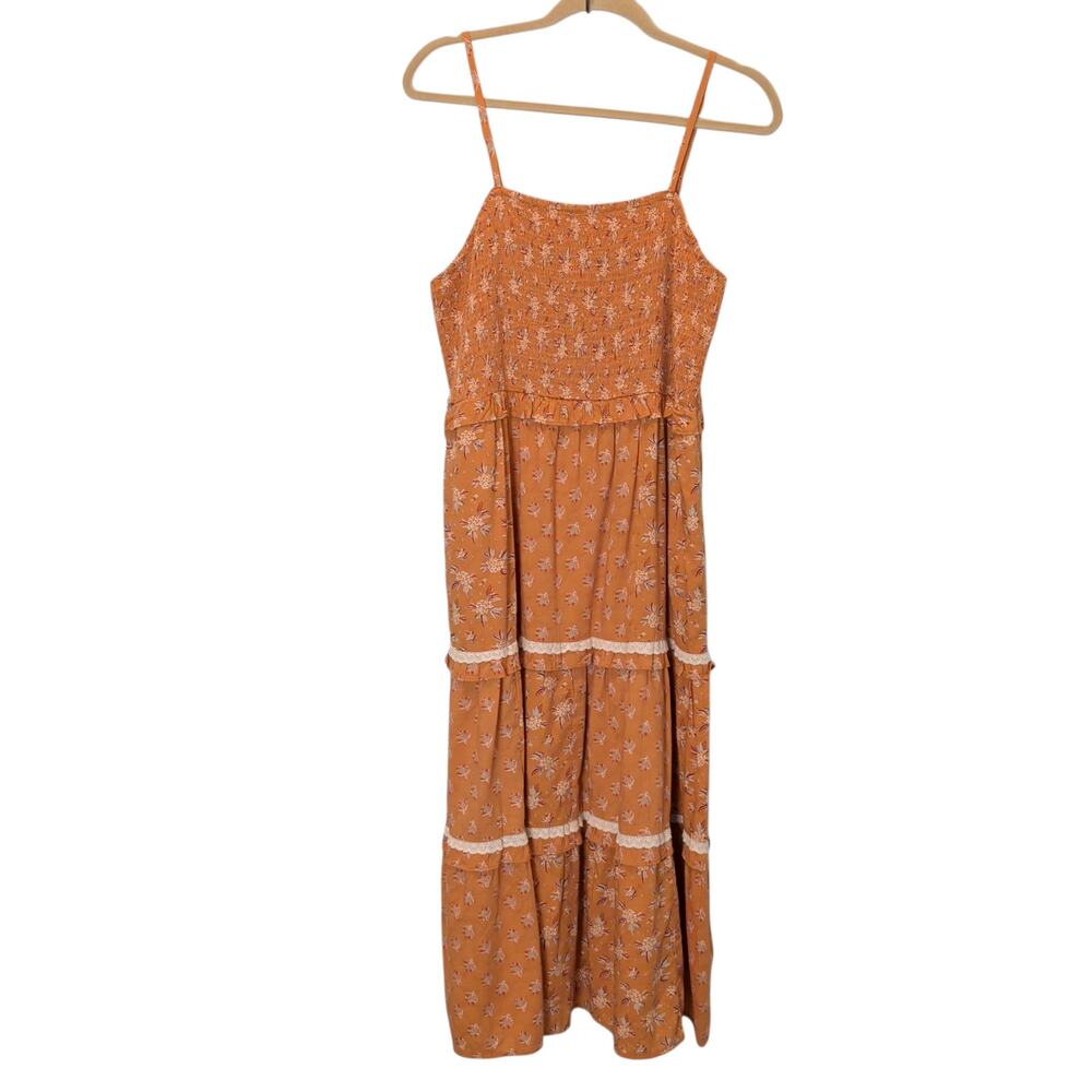 NWT Universal Thread Sz XL Burnt Orange Floral Tiered Maxi Dress Smocked Prairie
